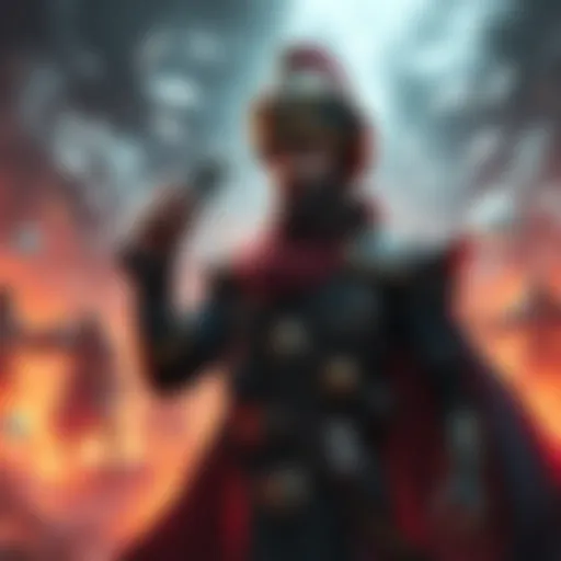 Julius the Ace Commander stands confidently with a card in hand, surrounded by a vibrant battleground, showing his strategic prowess.