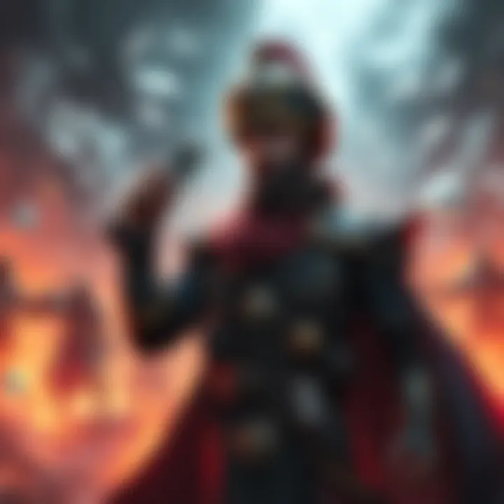 Julius the Ace Commander stands confidently with a card in hand, surrounded by a vibrant battleground, showing his strategic prowess.