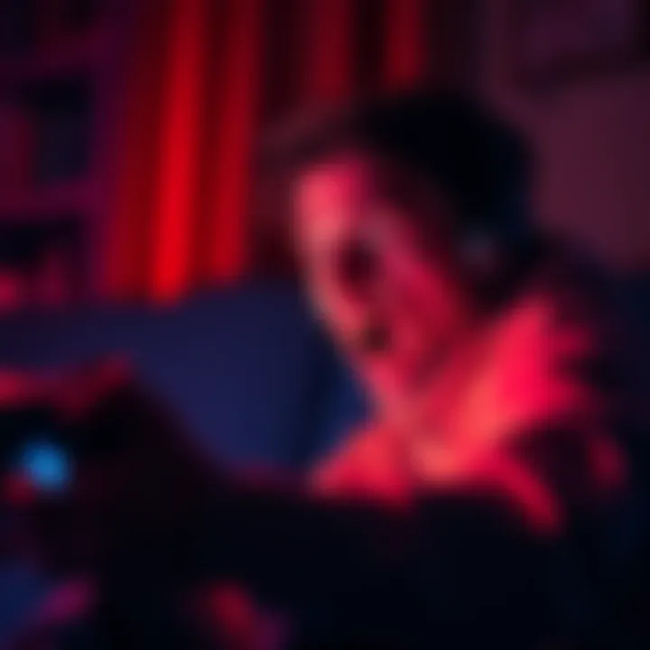 A person playing a horror video game with a startled expression, illuminated by the glow of the screen.