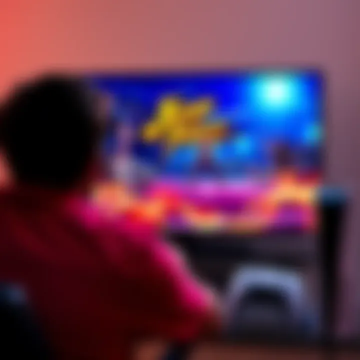 A person playing Jump Force on a PS5, showing the game screen on a TV and the console beside them