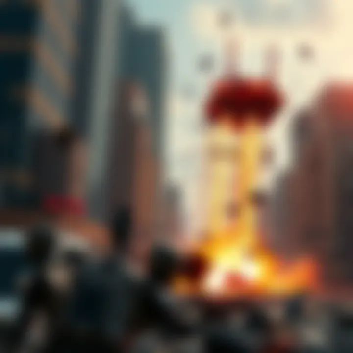 A futuristic jump pad launching debris and creating chaos in an urban environment