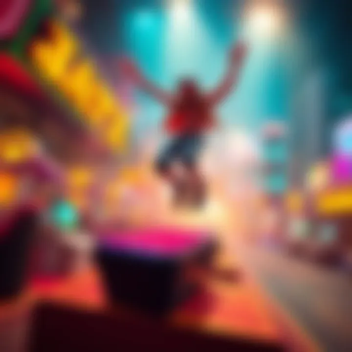 A gamer jumps high using a jump pad, showcasing cashout success in a vibrant gaming scene