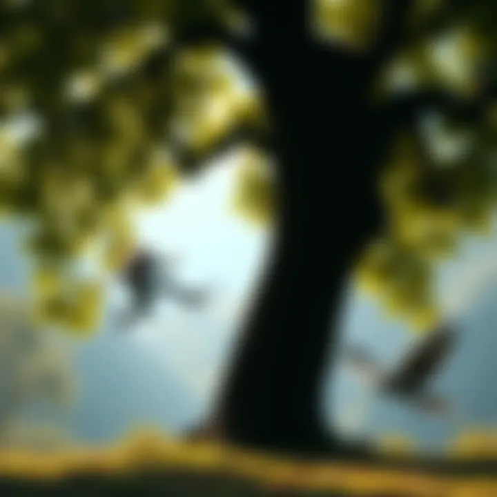 Jumping Near Tree and Bird Illusion A player jumping in a game, creating an illusion between a tree and a bird in the background, showcasing a clever design detail.