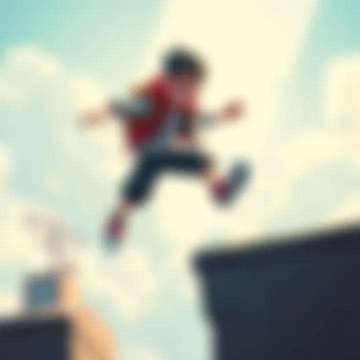 Jumping to the Next Platform A character attempting a jump to reach a higher platform with a determined expression