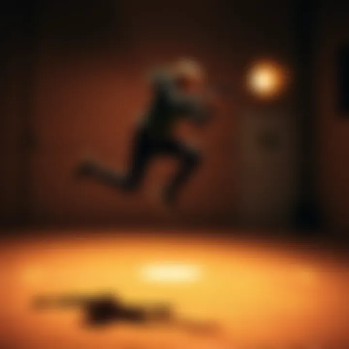 A person leaps into the air during a simulated shooting situation, showing the challenge of hitting a target in motion.