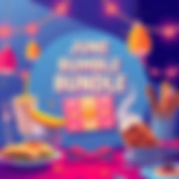 June Humble Bundle Giveaway A colorful graphic announcing the June Humble Bundle giveaway with breakfast and dinner food items illustrated, inviting people to share their meals for a chance to win rewards.