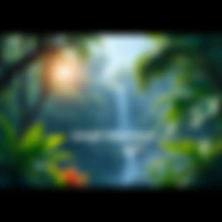 A vibrant jungle scene with lush green trees, exotic plants, and a waterfall, showcasing an adventurous atmosphere.