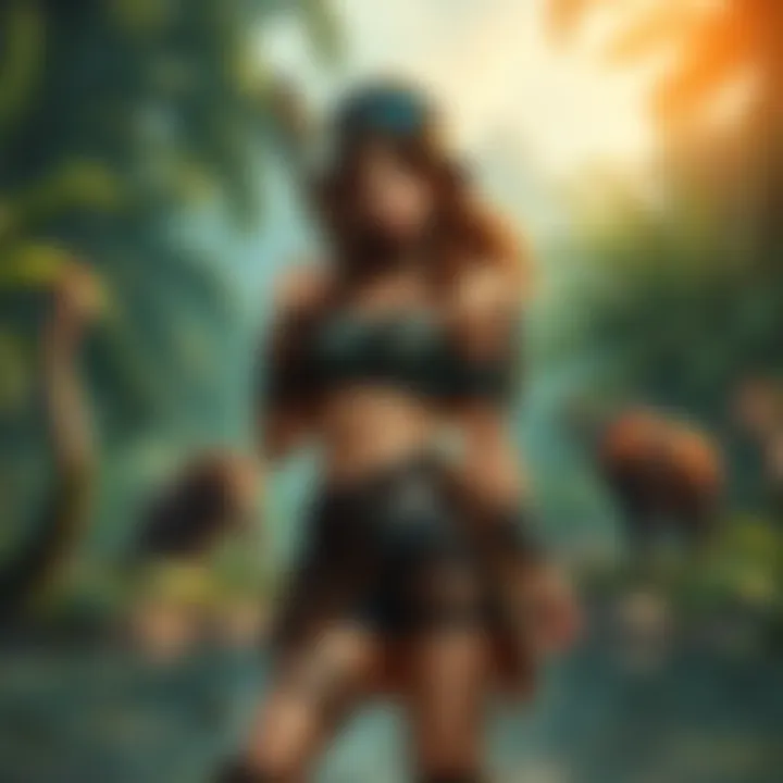 A vibrant jungle girl character, wearing a mix of leather and hunter's gear, poses confidently in a lush island setting surrounded by tropical plants and animals.