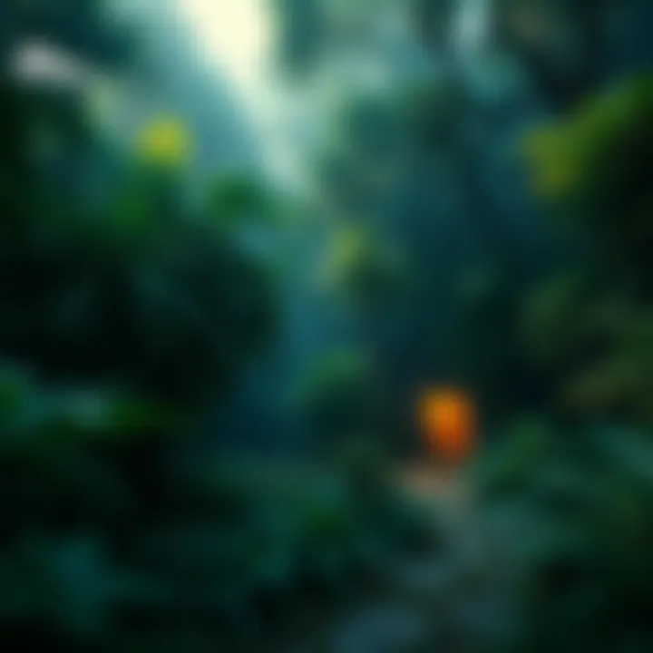 A dense jungle environment with thick trees and stealth paths, highlighting a lost research facility in a vibrant green setting.
