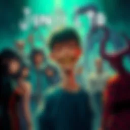 A group of iconic characters from Junji Ito's works, including figures from Uzumaki and Tomie, arranged in a vivid, artistic display.