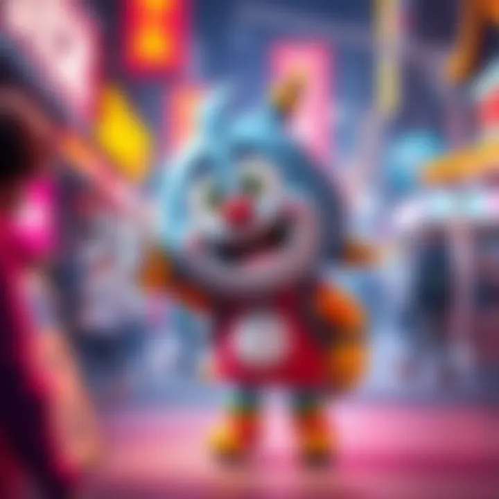 A playful cartoon character named Junk, with vibrant colors and an energetic pose, showcasing his unique personality. People around are sharing stories about him.