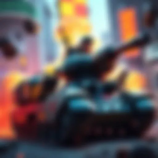 Junker Queen Tank in Action A Junker Queen tank character in a dynamic pose, showcasing her abilities during a team battle in a colorful gaming environment.