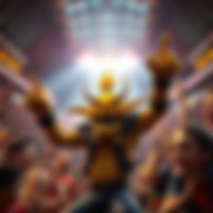 Junkrat in the stadium, surrounded by excited fans cheering and waving