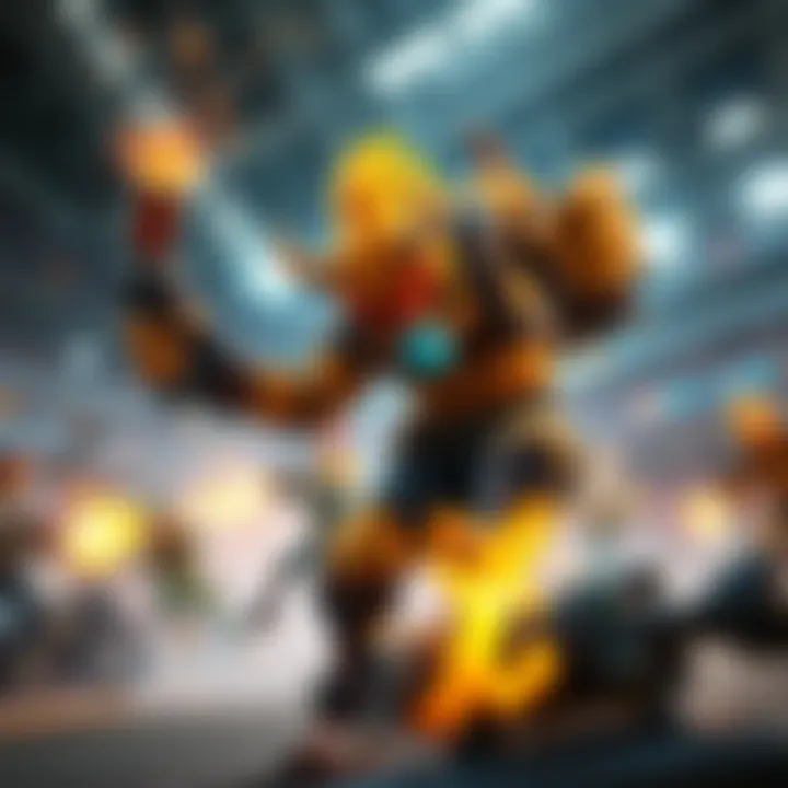 A chaotic scene showing a character resembling Junkrat throwing grenades in a stadium game, with other players trying to dodge his attacks.