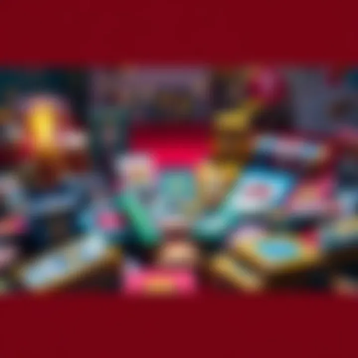 A collection of colorful Juno box collectibles spread out, showcasing rare items and packaging, with excitement in the background.