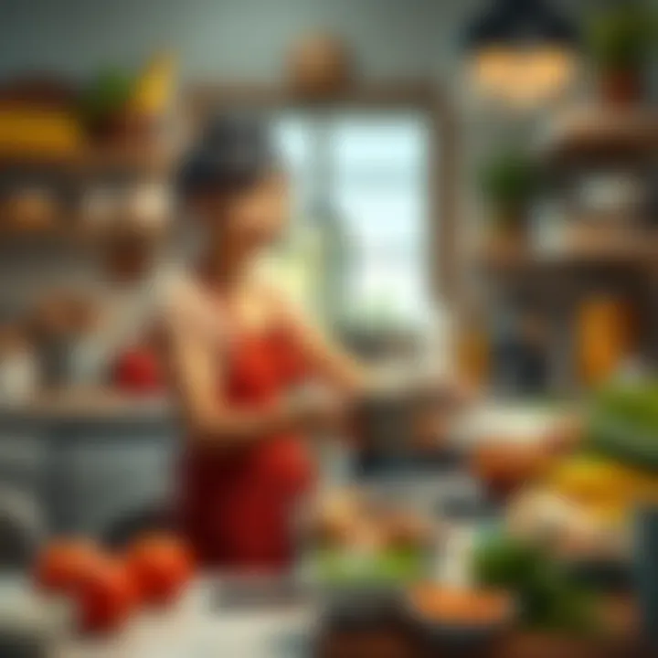 Juno, a young woman, stands in a colorful kitchen wearing an apron, surrounded by various cooking ingredients and utensils, looking surprised while stirring a pot on the stove.