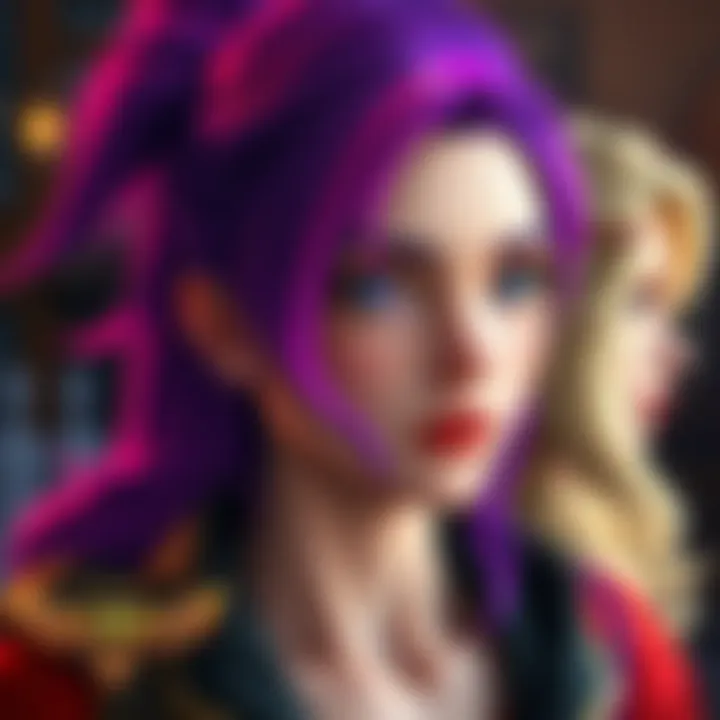 Juno character showing her purple hair with pink highlights alongside different blonde hairstyles.