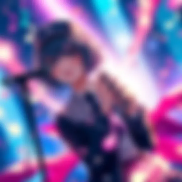 Juno singing while dressed as Haru from Persona 5, surrounded by vibrant colors and music notes