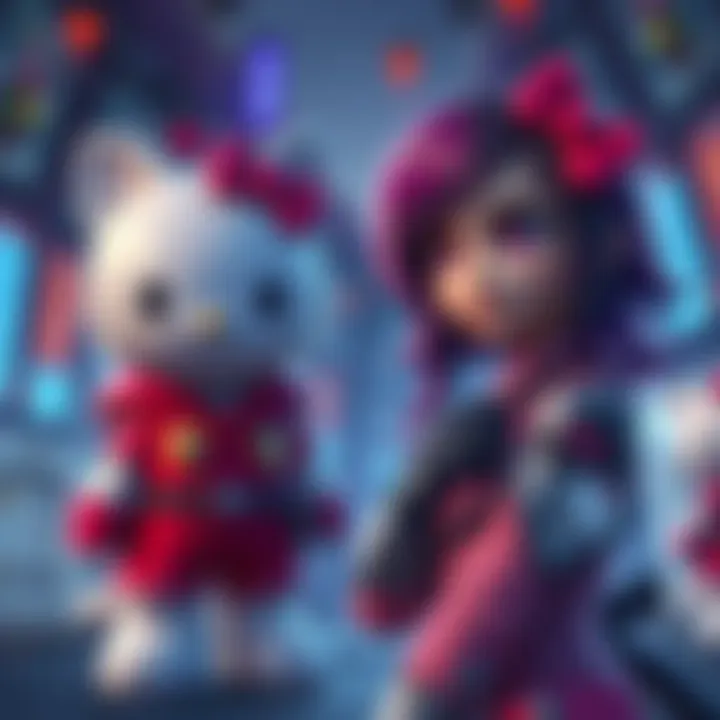 Juno wearing a Hello Kitty skin, looking confused next to a cartoon cat, while Brig stands nearby looking disappointed.