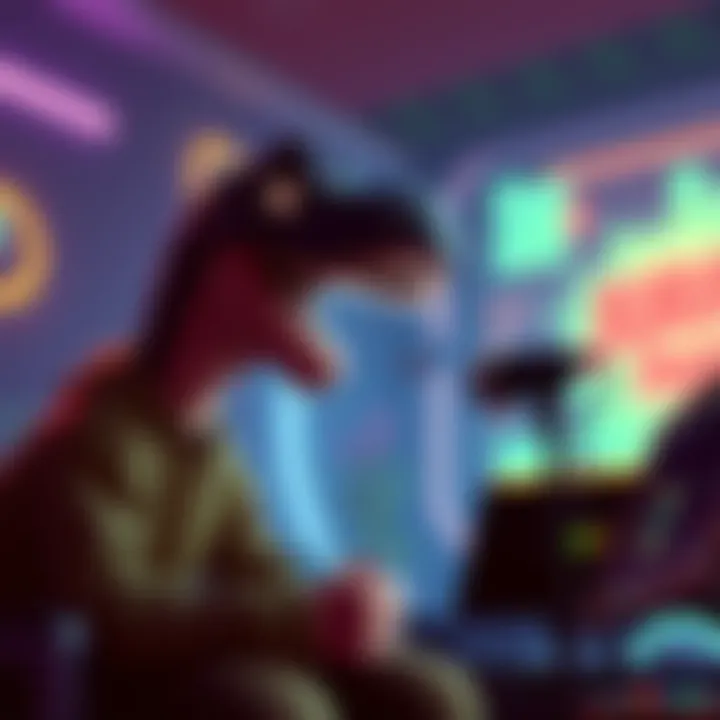 Cartoon character humorously singing the Jurassic Park theme song during a gaming fail