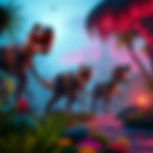 A scene depicting gameplay from Jurassic World Evolution 3, featuring dinosaurs in a vibrant park setting.