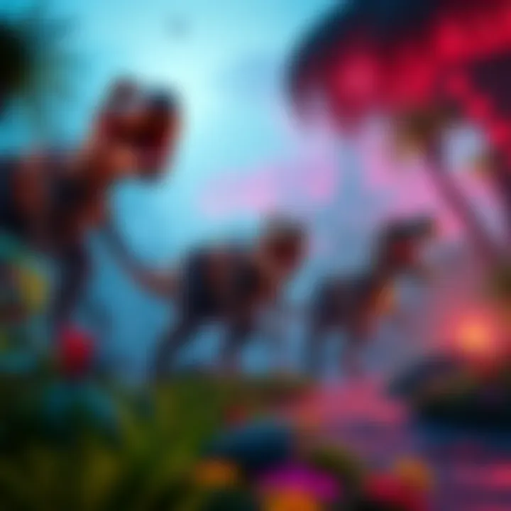 A scene depicting gameplay from Jurassic World Evolution 3, featuring dinosaurs in a vibrant park setting.