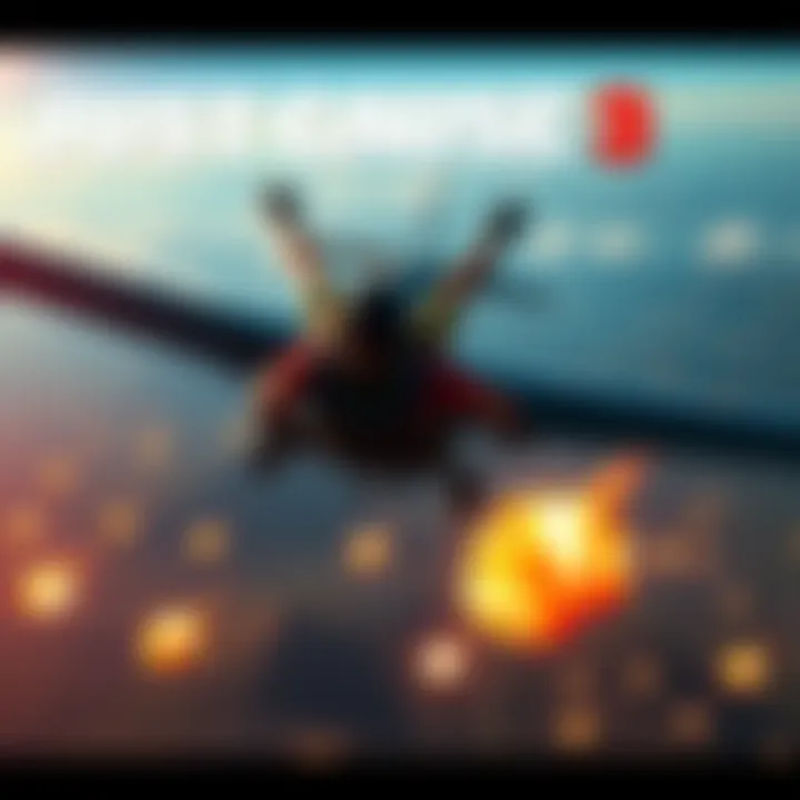 Action scene from Just Cause 3 A character in Just Cause 3 parachuting from a plane over a vibrant landscape while explosions occur below