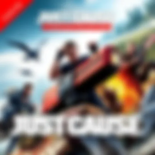 Showcase of Just Cause games with vibrant graphics and characters in action scenes