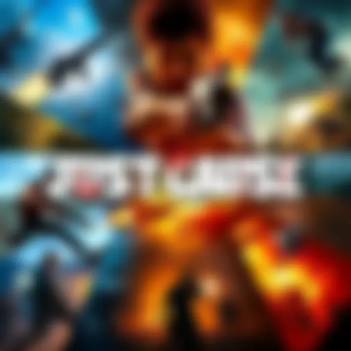 A collage showing scenes from the Just Cause video game series, highlighting action and chaos in various environments.