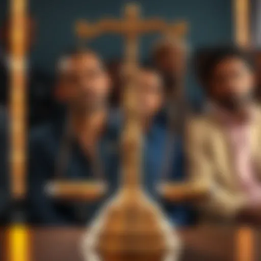 A balanced scale representing justice with a backdrop of diverse people reflecting on accountability and fairness.