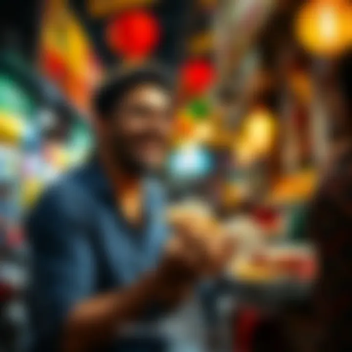 JustKeth laughing as he eats street food in India, with vibrant stalls and locals around him