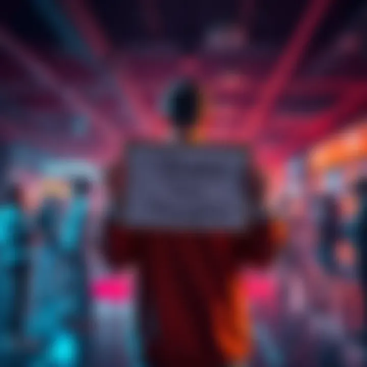 A person holding a sign that says 'Share Your Thoughts' with a group of people discussing around them.