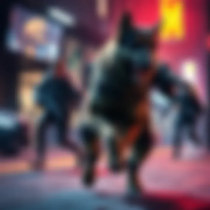 A gaming scene featuring a K9 companion assisting a player in an action-packed environment
