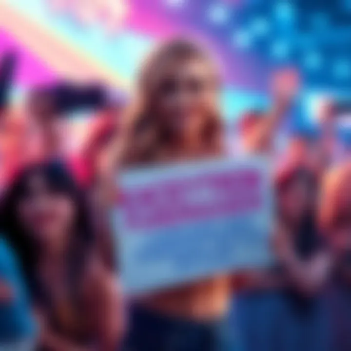 Kaceytron holding a sign that promotes her copyright fundraiser, surrounded by fans showing support, with a vibrant background.