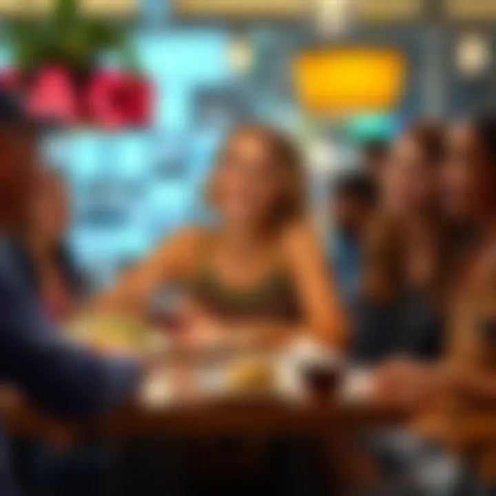 Kaci sitting at a restaurant table with a warm smile, surrounded by friends who appear confused about her identity.