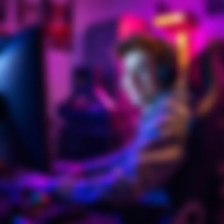 Kai Cenat smiling while playing Fortnite at a gaming setup, surrounded by gaming gear and colorful lights