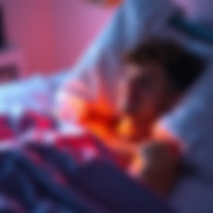A young man waking up in bed, smiling as he listens to Ed Sheeran's song playing softly in the background.