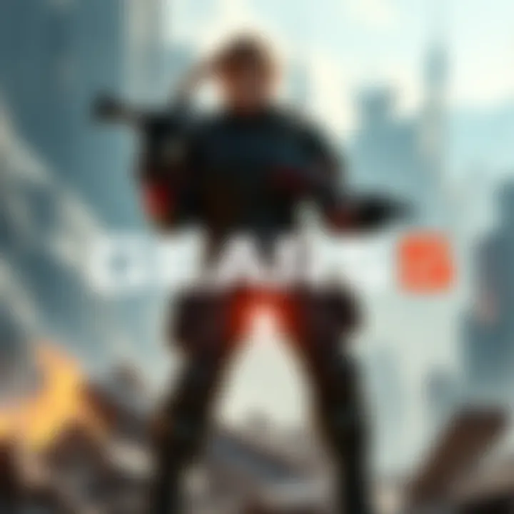 Kait standing confidently with a weapon in a battle-ready pose, surrounded by ruins and hints of a cliffhanger scene.