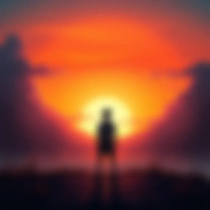 A dramatic scene from Kakolukia showing the main character standing in front of a stunning sunset, symbolizing the emotional conclusion of the game.