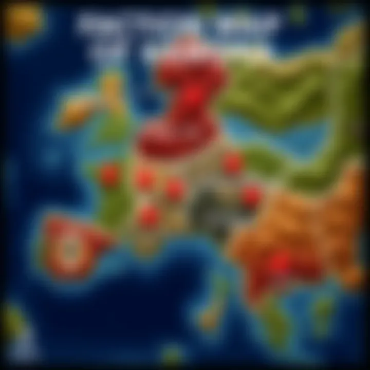 A detailed map showing the faction territories and relationships in Kamona, featuring symbols for Renoir, Ajax, Doss, and the Freedom Front, with marked areas of conflict and alliances.