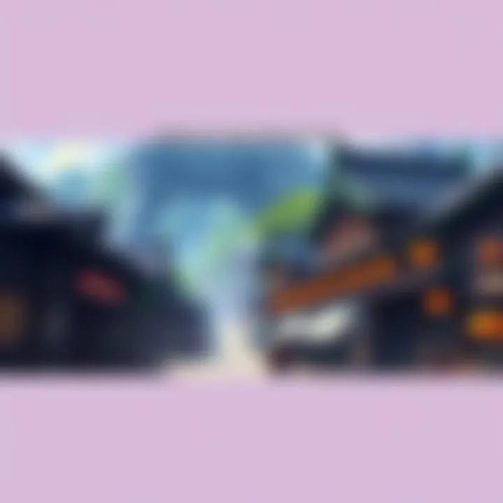 A vibrant scene of Kamura Village with its unique architecture and lively atmosphere, showcasing people enjoying local attractions and preparing for monster battles.