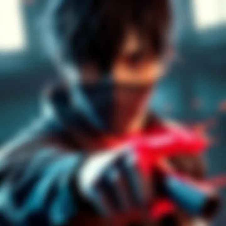 A character resembling Kaneki with dark hair and a mask, showcasing his killer abilities in the game.