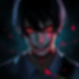 Art of Kaneki from the game, showing a serious expression and ghoulish features, surrounded by a dark background