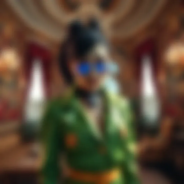 Kara in Android Style A person wearing an Android style outfit made from stolen clothes inside a luxurious mansion with ornate decor
