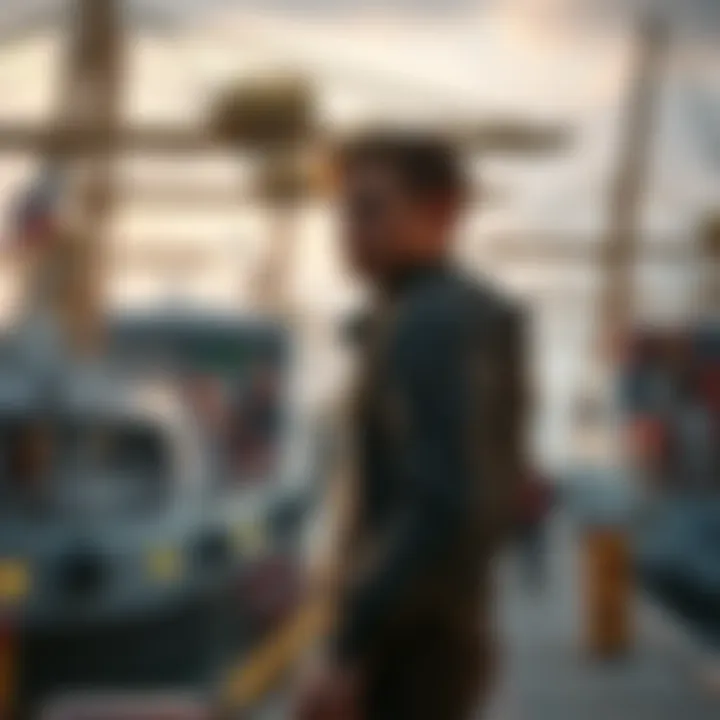 A character named Karel stands at a busy port, looking towards a boat as a radio broadcasts nearby about smuggling.