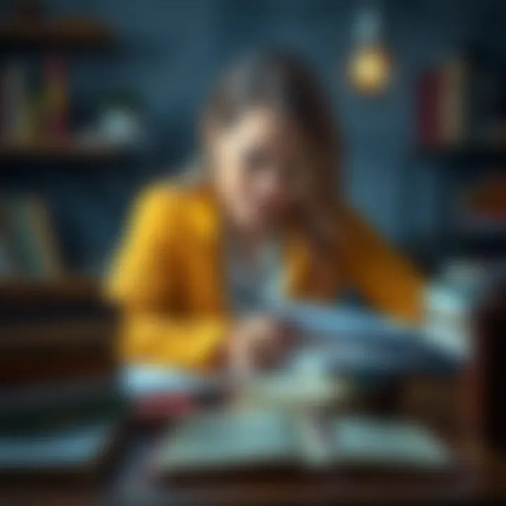Karen Traviss focused on her writing, surrounded by books and notes, showcasing her creativity and talent.