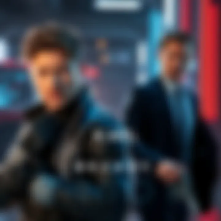 Karl Urban dressed as Morgan Blackhand, showcasing confident pose in a futuristic outfit, alongside Anthony Starr as a Militech official in a dark suit, both in a cyberpunk setting