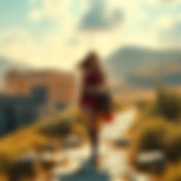 Kassandra from Odyssey walking through a vibrant Ancient Greek landscape with ruins and hills in the background