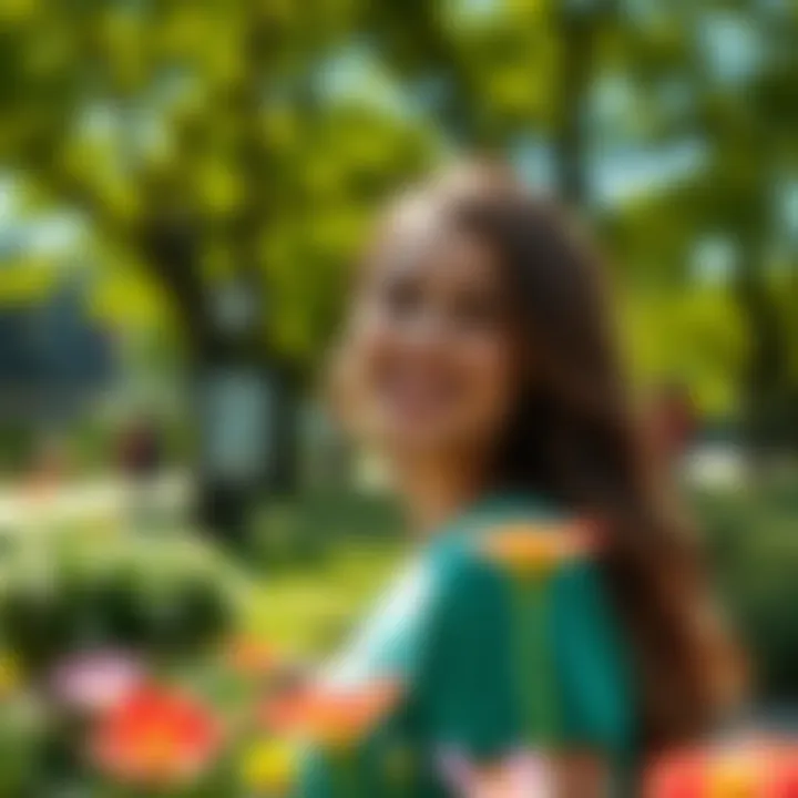 Kassandra smiling brightly in a sunny park, surrounded by green trees and flowers.