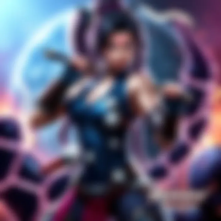 Kassandra character design with Tekken elements, showcasing her in a fighting pose against a Tekken backdrop